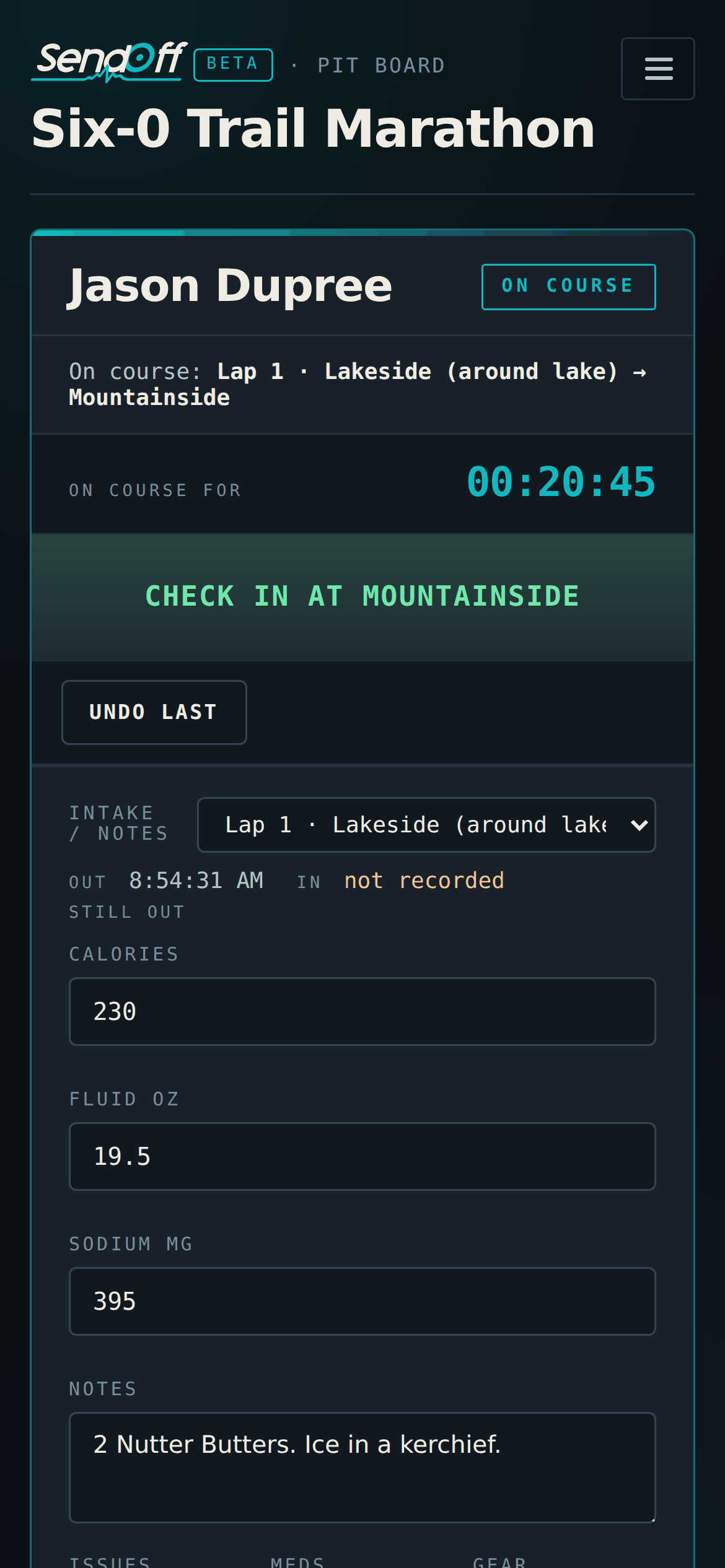 The SendOff pit board on a phone during a race. It shows the racer on
                  course for twenty minutes and one large button reading Check in at
                  Mountainside, with fields for calories, fluid and notes below it.